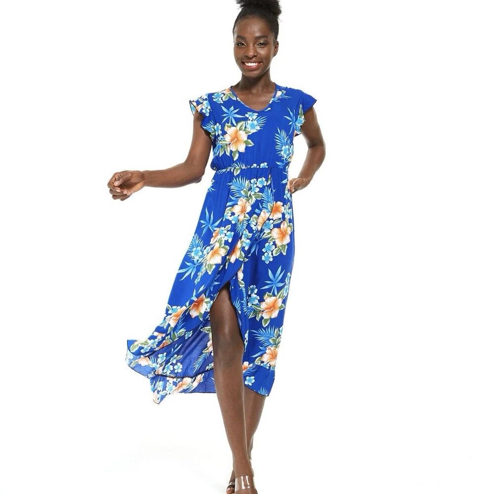 Hawaii Hangover Wrap Ruffle Dress L Blue Hibiscus Tropical Hi Low Rayon